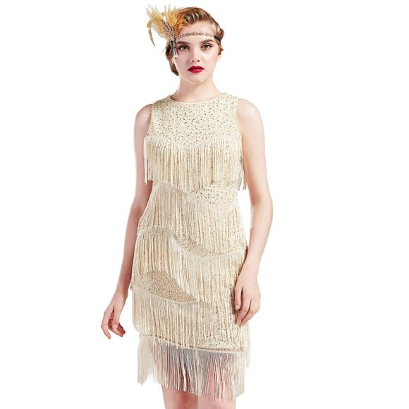 NWT Cream sequin beaded deco flapper dress - Picture 3 of 7